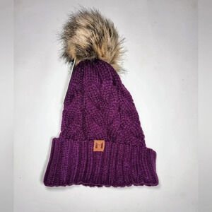 Manhattan Hat Company Purple Knit Beanie Hat with Faux Fur Pom Pom, NWT